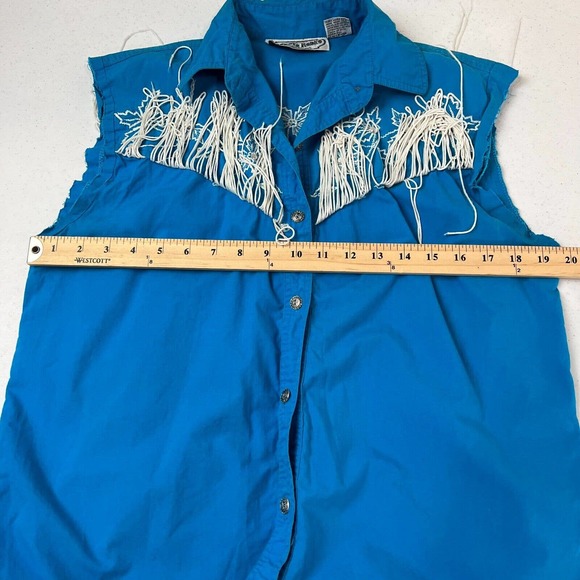 Dakota Rodeo Women Embroidered Button Down Shirt Sleeveless Blue Medium Fringe - Picture 9 of 11